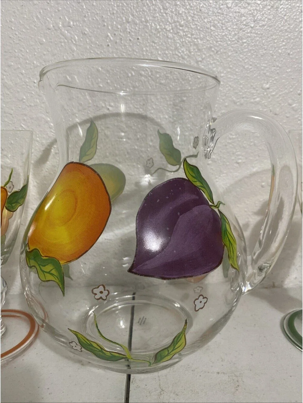 Glass Hand Painted Fruit  Water Juice Pitcher Glasses Fall Summer Colorful Clear